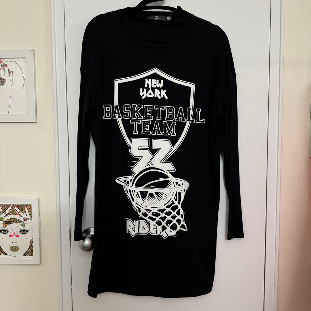Missguided Black Basketball Team Graphic Long Sleeve Cotton T-Shirt Dress Size 0